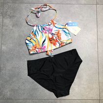 Export European and American women adult front collar wrinkle top hanging neck strap color high waist breifs split swimsuit