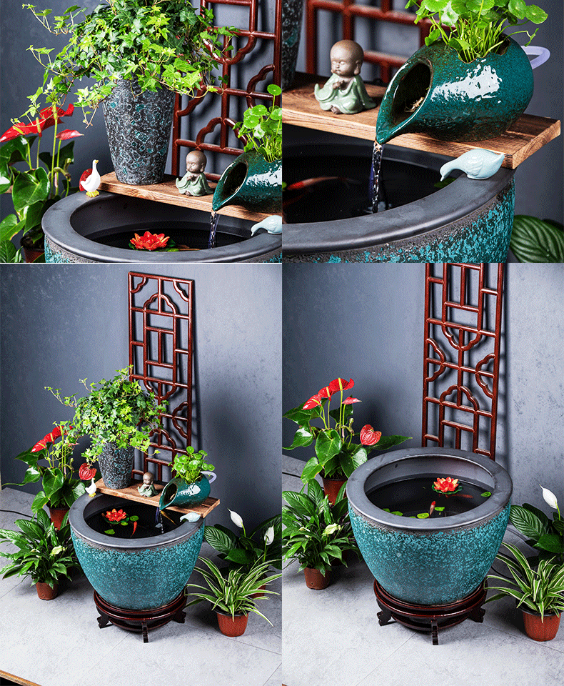 陶瓷大缸古法养鱼缸客厅阳台落地金鱼缸陶罐循环流水造景老式水缸