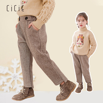 Cicie wear casual long pants woolen plaid one velvet plus velvet thickened children baby girls autumn and winter