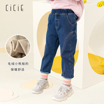 Cicie wearing denim long pants plus velvet thickened warm one velvet childrens baby girl in autumn and winter