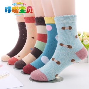 呼啦宝贝童袜 秋冬厚款纯棉儿童袜子卡通圆点撞色女童袜学生袜5双