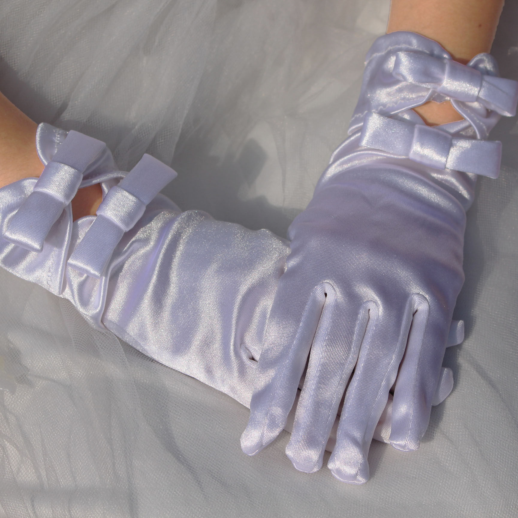 新娘婚纱手套伴娘礼服白色蝴蝶结结婚婚庆婚礼短款绸缎氨纶手套