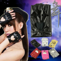 DS performance steel tube dance lady female subsection finger pu leather gloves dance half finger Peach Hearts Anti Slip Boutique Gloves