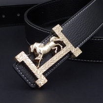 Fashion Korean version of horse letter smooth buckle mens belt couple leather cowhide belt Tide womens casual pants belt