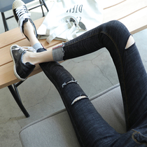 High waist stretch ripped jeans womens nine-point pants student Korean version of thin tight pencil pants spring black