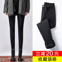 Black plus velvet jeans womens small feet high waist winter wear thin and wild nine-point stretch tight thickened pants