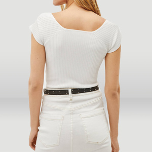 Summer Clavicular Square Collar Fold Short Sleeve Knitted Sweaters