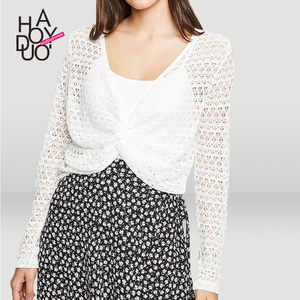 Hollow V-Collar Fold White Thin Beach Sunscreen Shirt Knitted 