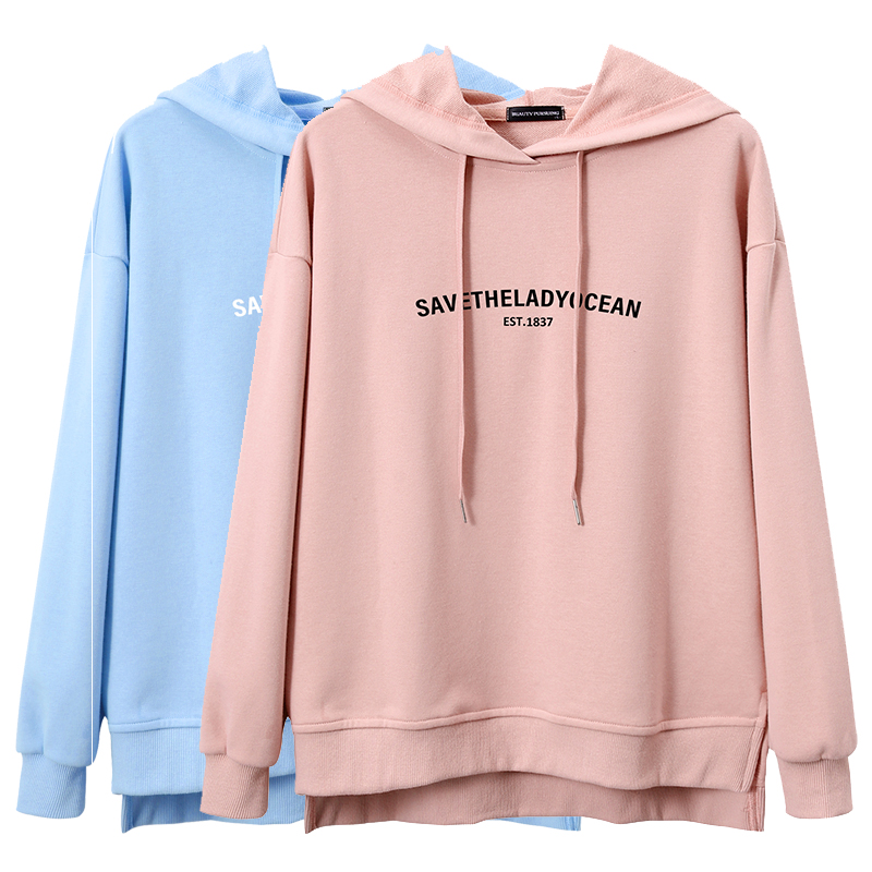 Spring and autumn season large size sweater women's lazy wind thin loose top hoodie cotton student haze blue baby powder