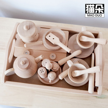 High-end childrens solid wood toys playing house afternoon tea Western tableware kindergarten children without paint childrens gifts