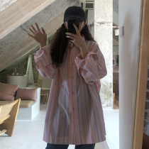 Blouses 2022 Spring and autumn new Korean version 100 Lap Vertical Stripes Loose Spring Style Long Sleeve Shirt Spring Clothing Sunscreen Shirt Woman