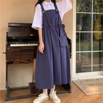 2022 spring dress new Korean version long dress small fresh pure color strap closed waist brace dress cute day tie dress lady