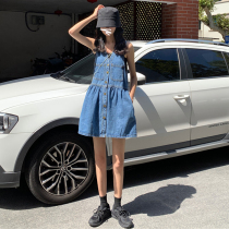 Korean Version Student Loose Denim Harness Skirt 2022 Spring Dress New Little Freshener Dress Woman 100 hitch short dress