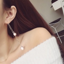 Korean version of sterling silver anti-allergy long size double pearl earring earring temperament simple tassel earring female