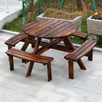 Outdoor Balcony Patio Courtyard Table And Chairs Garden Wooden Furniture Integrated Stool Table Carbonated Solid Wood Field Round Conjoined Table Stool