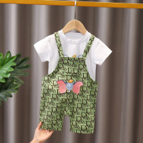 Male baby summer suit 2021 new childrens clothes fashionable girl Summer cartoon short sleeve strap two-piece set