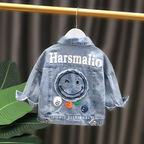 Male baby spring top 2021 new baby childrens clothing foreign style little boy spring and autumn embroidered smiley denim jacket