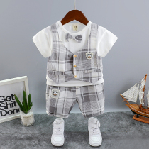 Male baby summer suit 2021 New Baby childrens clothing foreign boy summer plaid vest short sleeve set tide