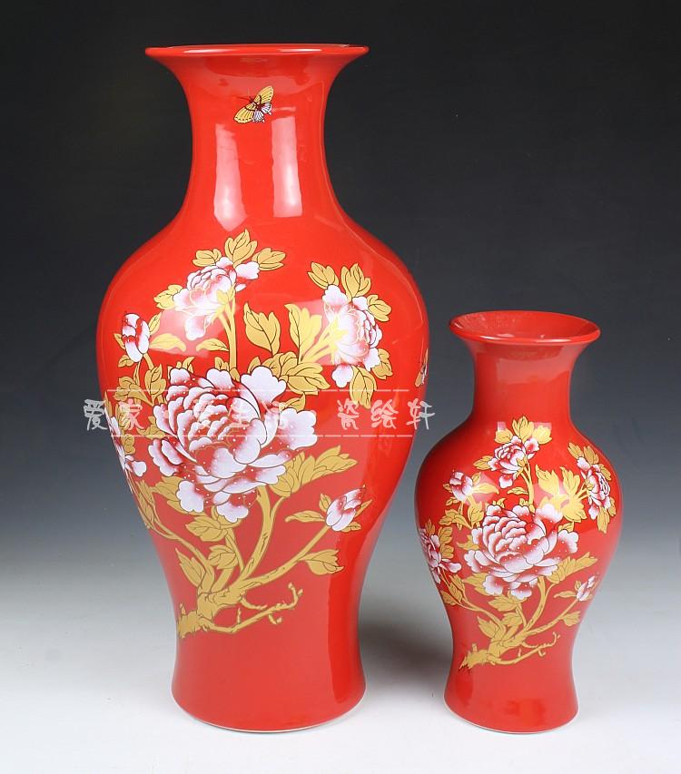 Jingdezhen ceramics vase Chinese red riches and honor peony large vase decoration decoration that occupy the home furnishing articles