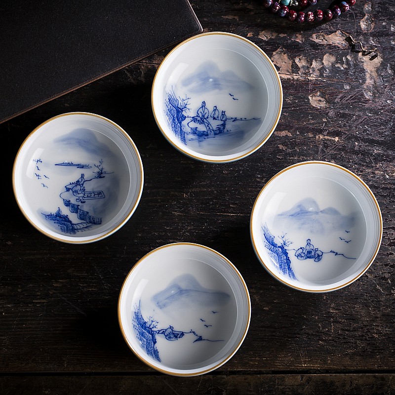 Jingdezhen ceramic sample tea cup tea hand - made piano chess calligraphy and painting masters cup shamrock manual blue - and - white kung fu tea cups