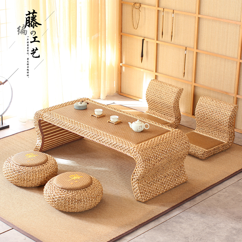 Rattan woven tatami tea table terrace Japanese Zen tea table combination bay window balcony low table Kang table tatami table