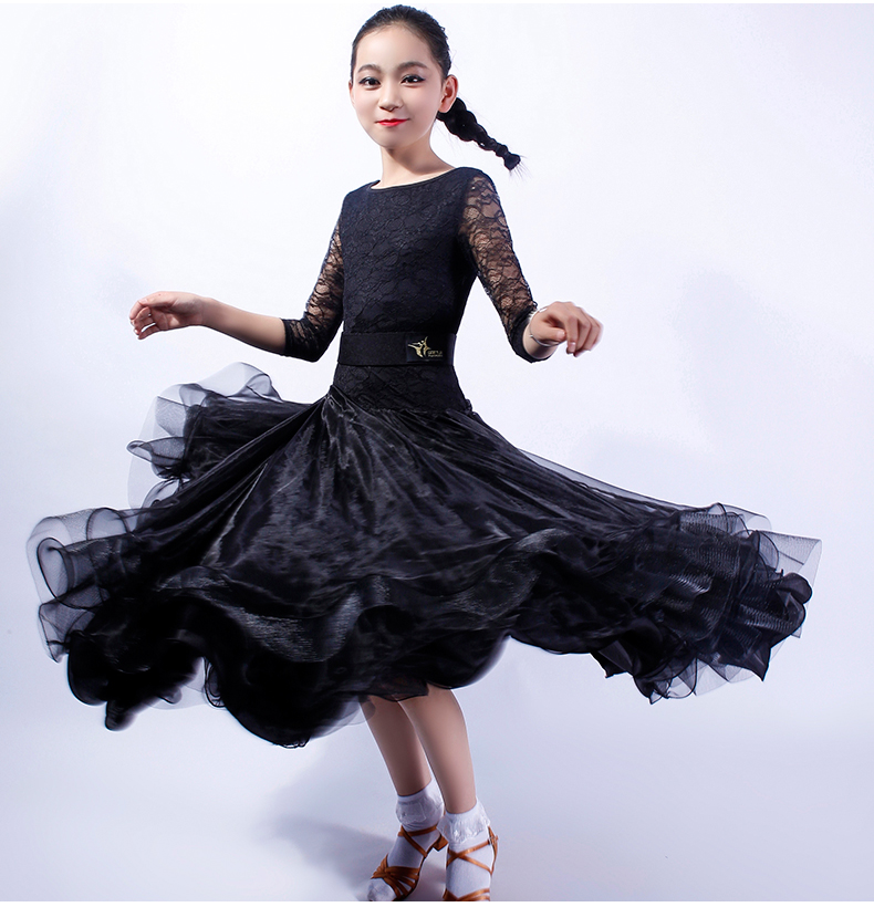 以琳飞儿 蕾丝长袖少儿摩登舞服装fy1087儿童国标舞连衣裙演出服