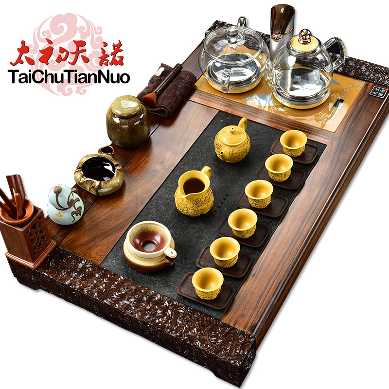 The beginning day, purple sand tea set stone sandal wood tea tray was kung fu tea table four unity automatically sheung shui tea taking