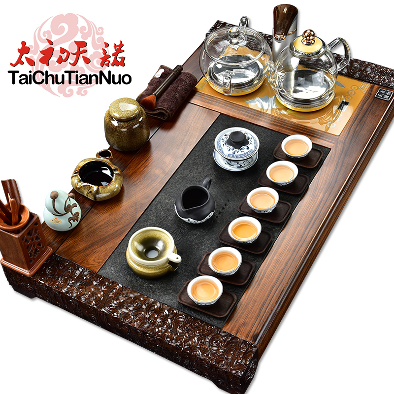 The beginning day, purple sand tea set stone sandal wood tea tray was kung fu tea table four unity automatically sheung shui tea taking