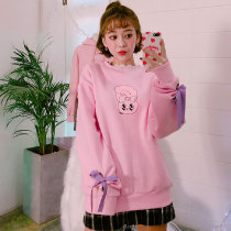 Korean chuuEsther rabbit cuffs ribbon plus velvet pullover loose sweater womens top