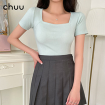 chuu Korean square collar elastic body short sleeve knit T-shirt woman 100 hitch undershirt slim fit