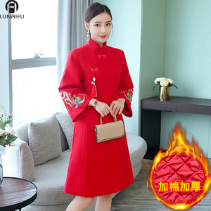 新款秋冬季女裝中國民族風紅色改良旗袍加厚保暖夾棉毛呢外套