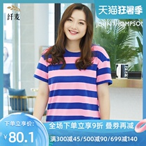 Slim wheat large size summer new fat mm loose thin Korean version round neck short-sleeved striped t-shirt women Jin