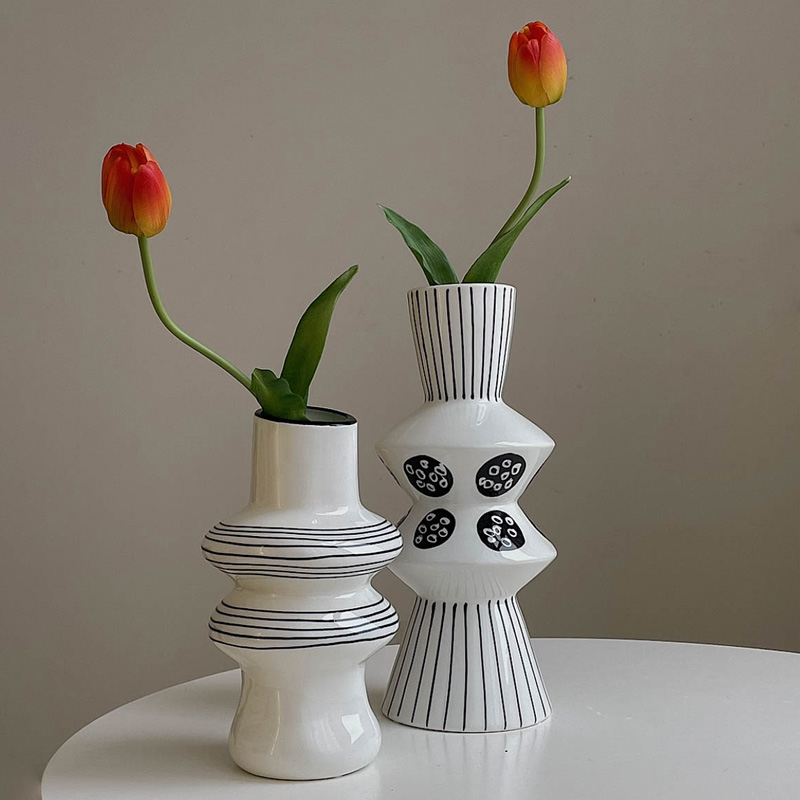 Horizontal Stripes Art Style Ceramic Vase Decoration Living Room Dining Table Flower Ware 2021 New Style White Home Decorations