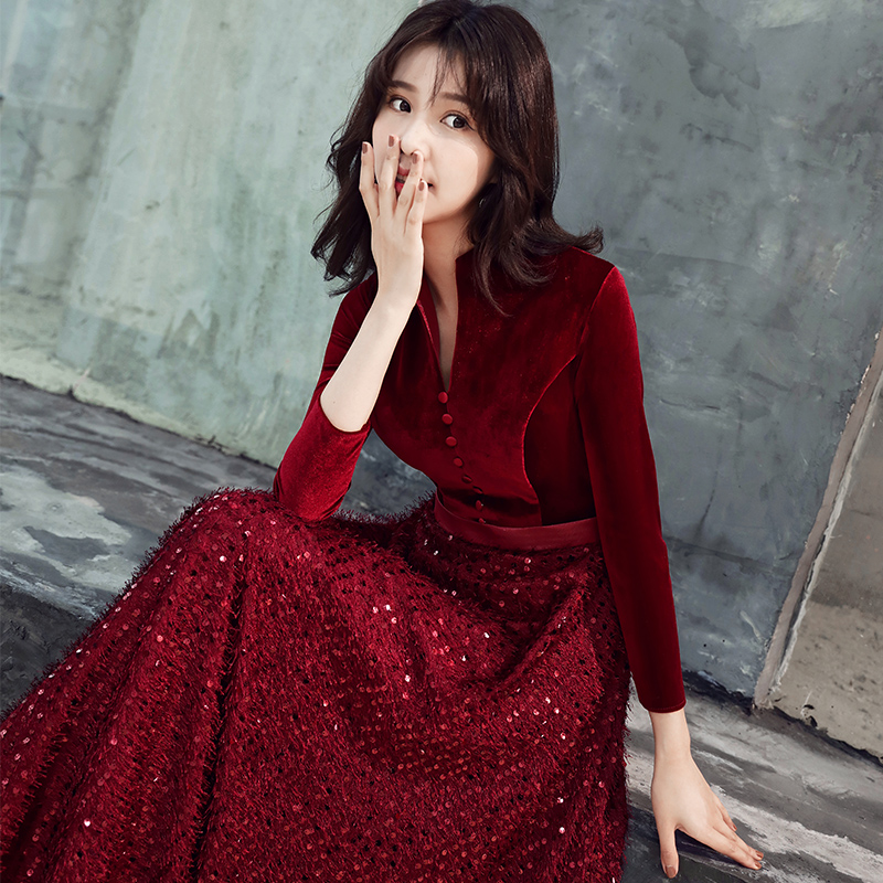 Evening dress skirt female 2022 new toast dress red bride wedding velvet long-sleeved engagement dress host