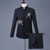 Republic of China style mens May 4th student costume chorus performance costume stand collar Zhongshan suit black embroidered chorus costume