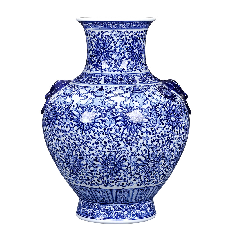 Imitation of qianlong hand - made antique blue and white porcelain of jingdezhen ceramics ears large vases, flower arranging new Chinese style living room furnishing articles
