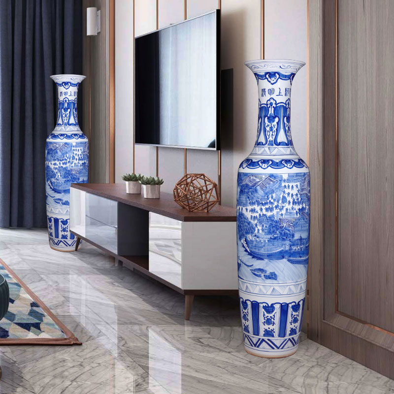 Jingdezhen ceramic hand - made large blue and white porcelain vase qingming scroll of Chinese style living room the opened a housewarming gift