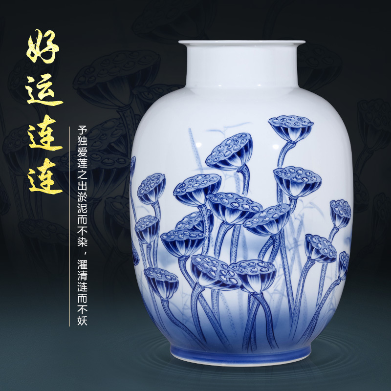 Jingdezhen ceramics by hand draw blue and white porcelain vases, flower arranging Chinese sitting room TV cabinet office furnishing articles