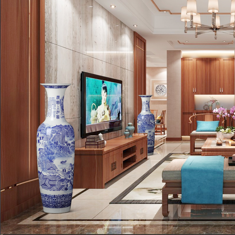 Jingdezhen ceramic hand - made qingming painting of large blue and white porcelain vase to heavy large sitting room adornment is placed