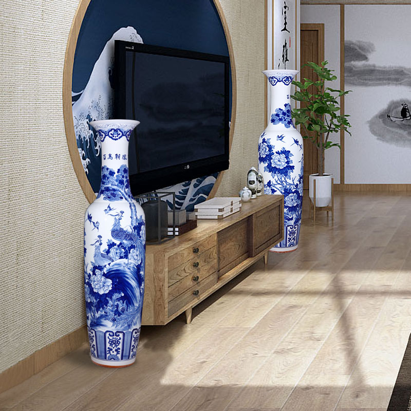 Jingdezhen ceramics antique hand - made large blue and white porcelain vase 1 meter 8 Chinese sitting room adornment is placed