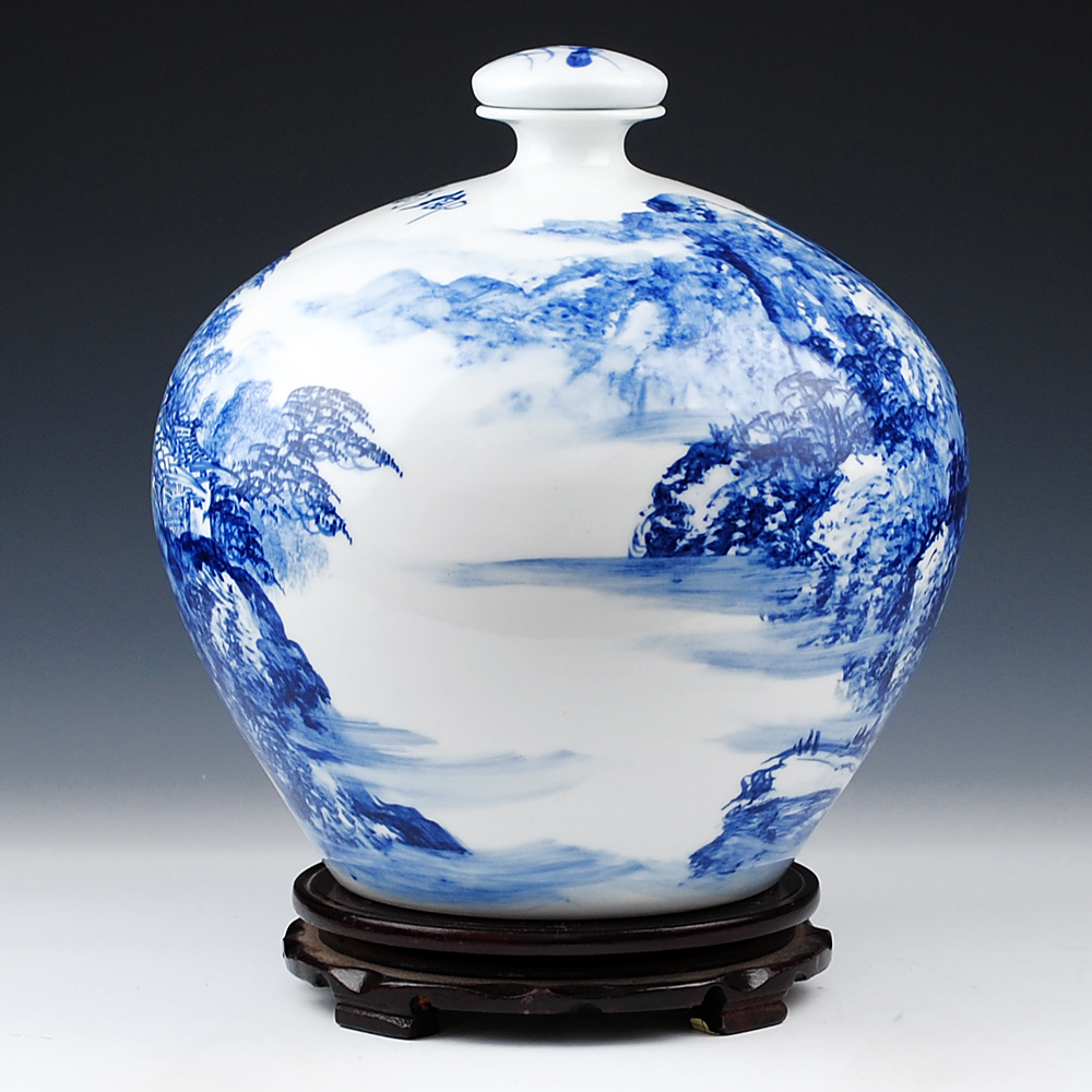 Jingdezhen Wu Wenhan famous blue and white landscape painting hand - made ceramic terms 15 kg bottle pack jars wine collection