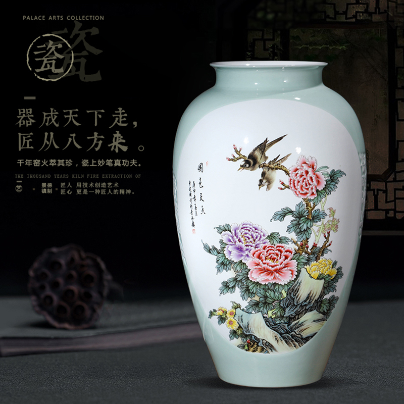 Jingdezhen ceramics green glaze carving large vases, flower arranging Chinese style living room TV ark, home furnishing articles