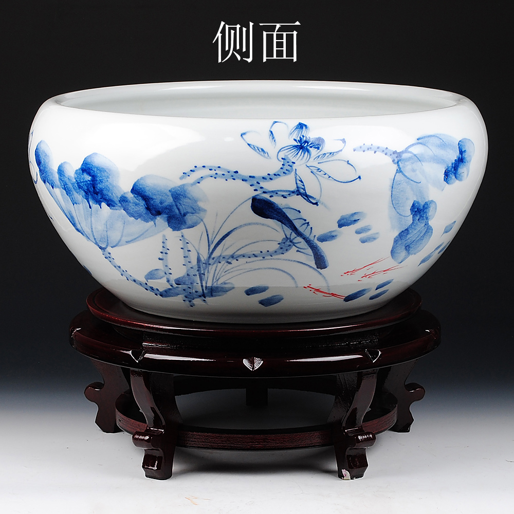 Blue and white shallow porcelain of jingdezhen ceramic goldfish bowl hand - made tortoise cylinder lotus lotus basin furnishing articles extra large