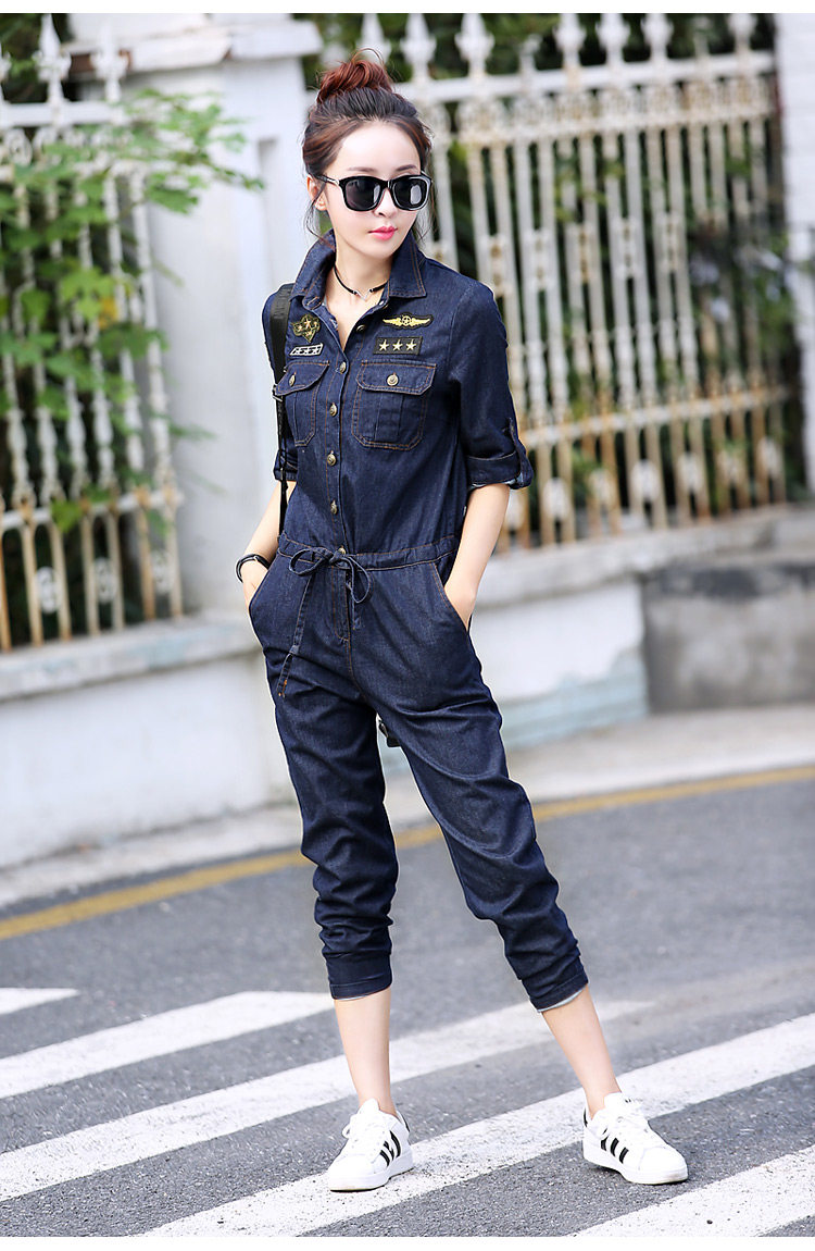浣纱溪牛仔连体裤女2016秋装新款休闲长裤时尚翻领长袖修身连衣裤