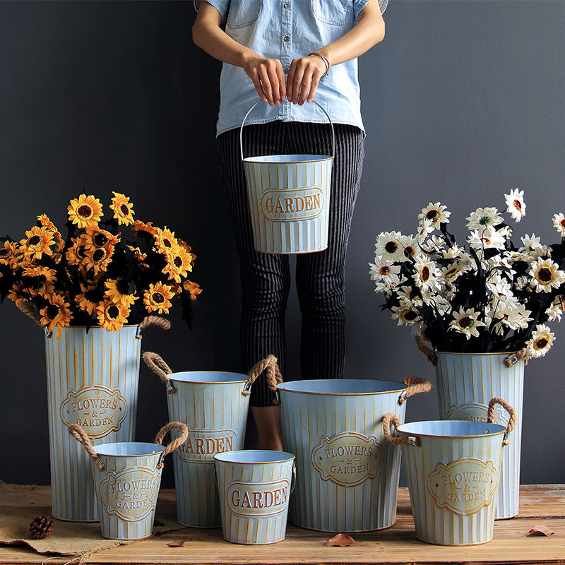 乡村田园做旧铁桶鲜花桶花盆插花花器花筒客厅花店创意装饰品摆设