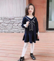High-end childrens dress parent-child college windy dress with long sleeve V neckline butterfly knot cute-knitted parent-child dress