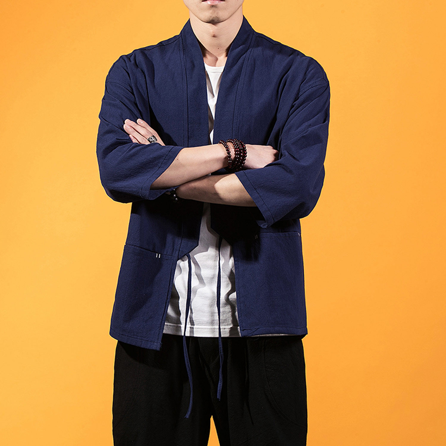 日系国潮拼接道袍中国风 3色 汉服棉麻落肩七分袖开衫