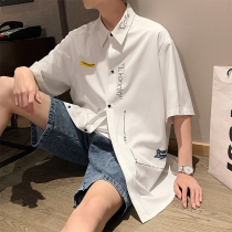 Summer Harbor Wind Day Series Ice Silk Shirt Man Short Sleeve Loose large code Advanced sensation Superior Ruffins Shirt Trendy Middle Sleeve Jacket