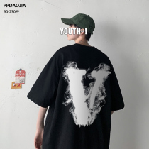 V Letter Printed Short Sleeve T-Shirt Male Summer Tide Signs Ins Loose Big Code Pure Cotton Mistress Dress Half Sleeve Trend Clothes