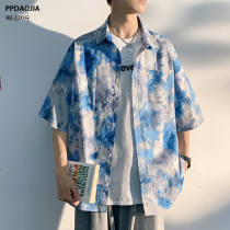 Summer port Wind day tying clothes Shirt Man Short Sleeve Loose big code Ice Silk Yuppie Handsome Beach Shirt Trendy Jacket Man